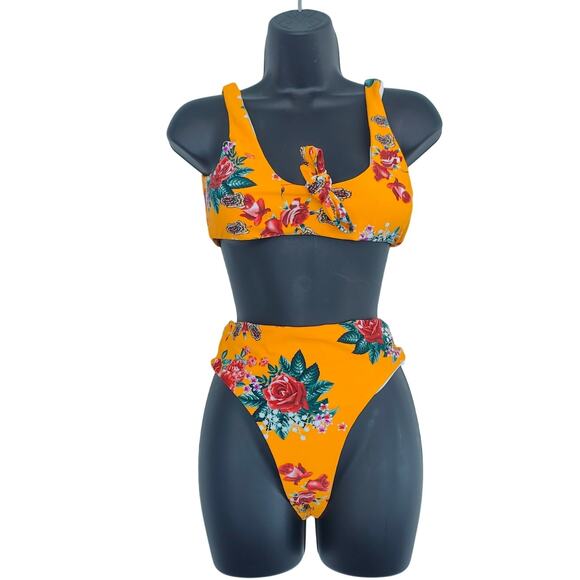Orange Floral HIgh waist Thong Bikini two-piece Swimsuit Womens size Medium - Picture 1 of 4